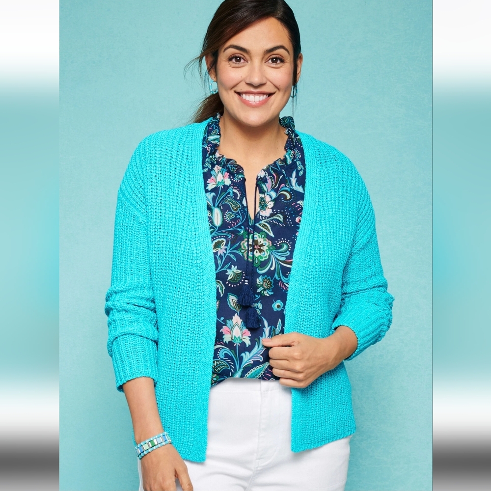 Talbots Womens Cardigan Shaker Stitch Open Front Chunky Knit Cotton Blue Aqua XL